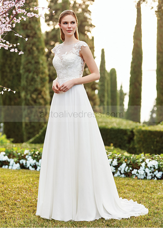 Cap Sleeve Ivory Lace Chiffon Butterfly Back Wedding Dress